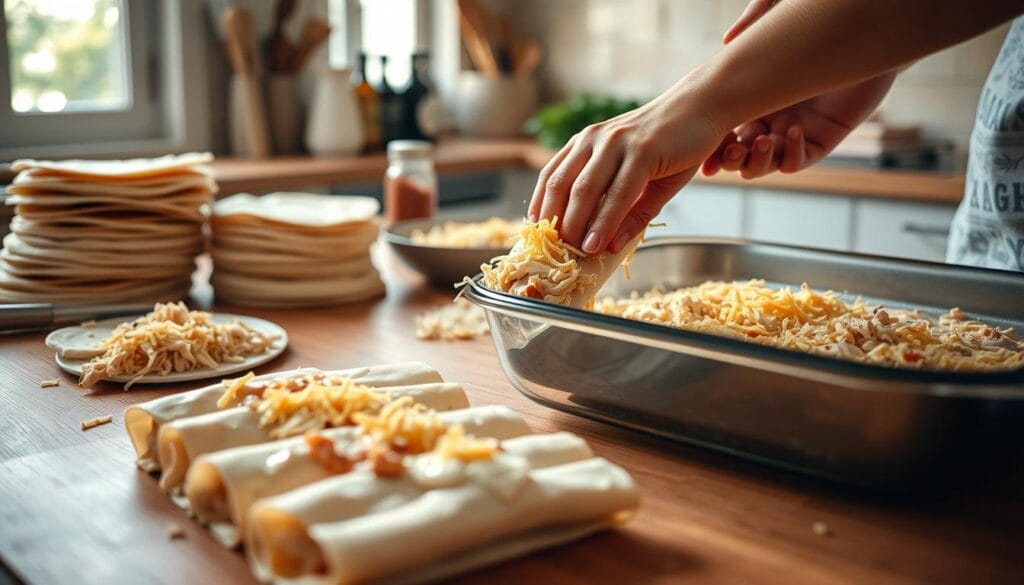 Assembling Chicken Enchiladas