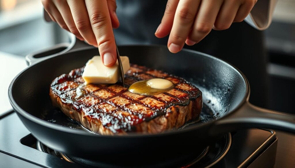 Butter-basting New York strip steak technique Butter-basting New York strip steak technique