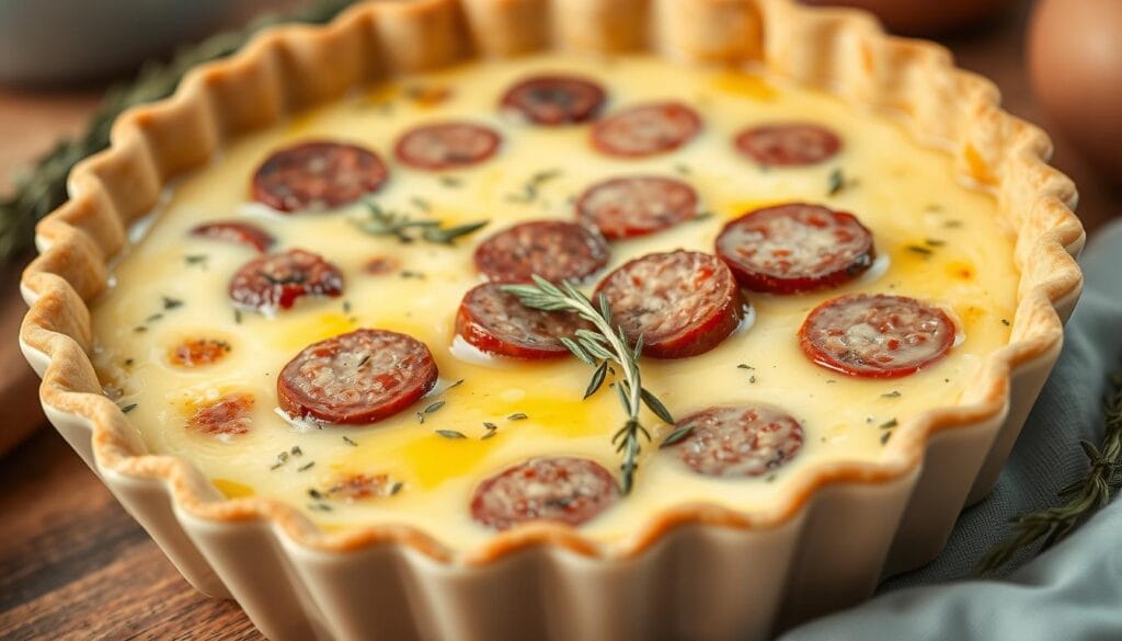 Creamy Smoked Sausage Quiche Custard Preparation