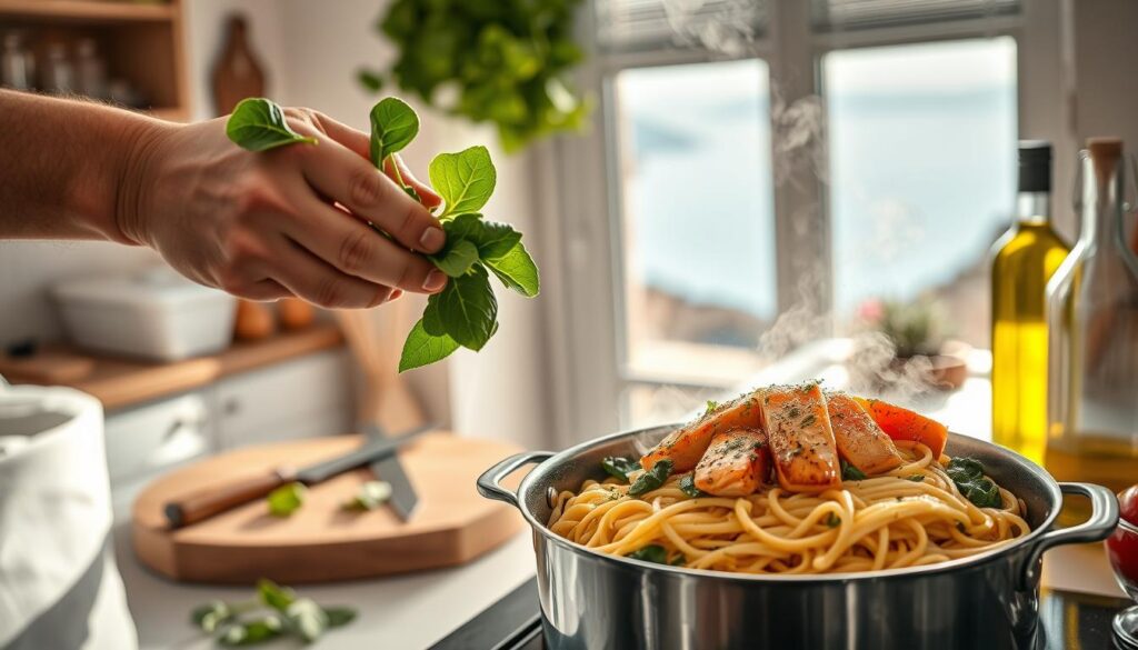 Mediterranean Spinach and Salmon Linguine Cooking Techniques