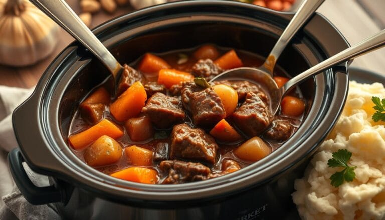 Crockpot beef tips served with gravy over mashed potatoes