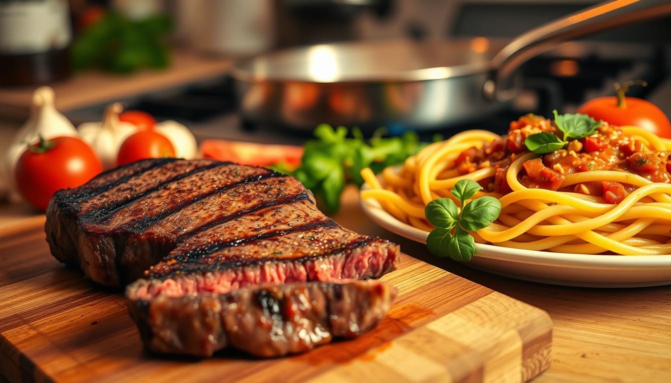 beef steak and pasta