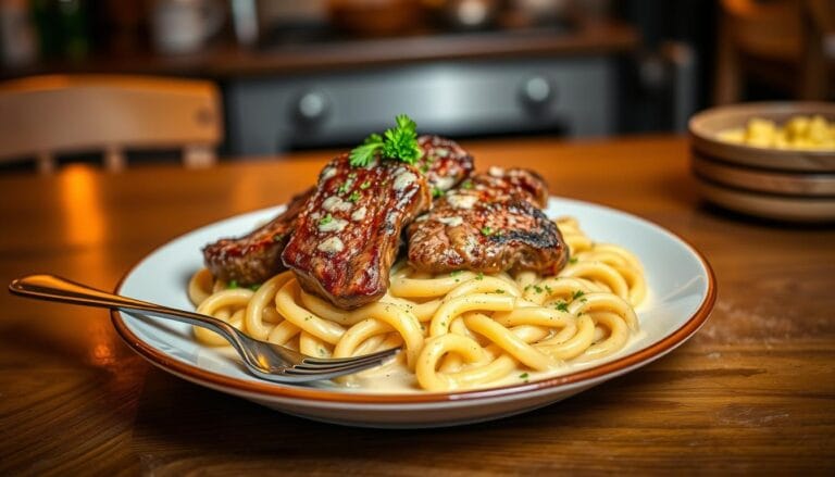 Cajun Steak Tips in Cheesy Rigatoni Parmesan Sauce