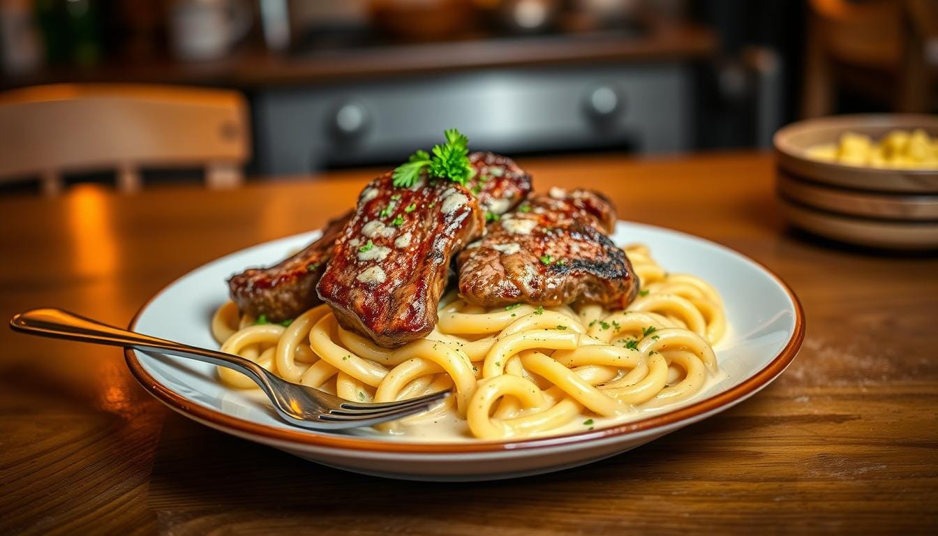 Cajun Steak Tips in Cheesy Rigatoni Parmesan Sauce