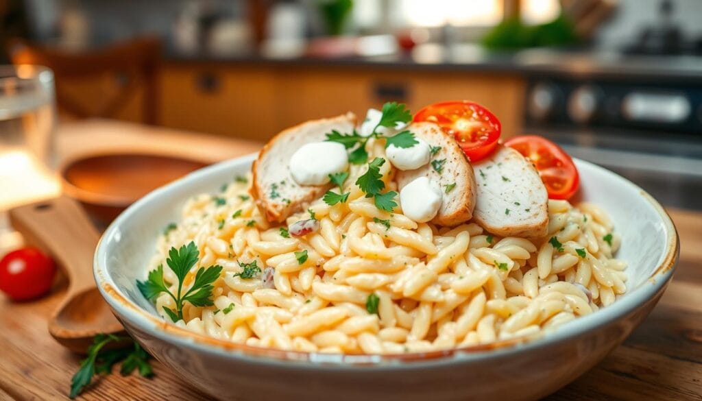 Creamy Orzo Pasta Dish with Chicken