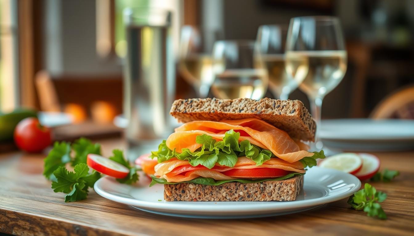 smoked salmon sandwich with fresh vegetables and beverage pairings