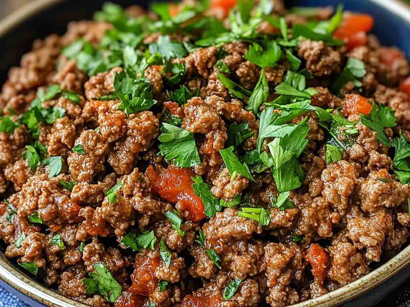 Ground beef cooking in a slow cooker during meal prep