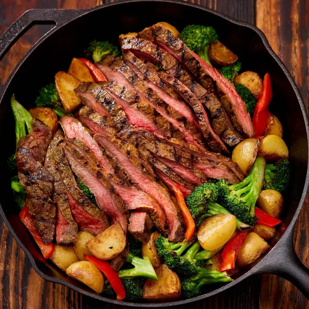 Tender slow cooker flank steak with roasted vegetables on a dinner plate