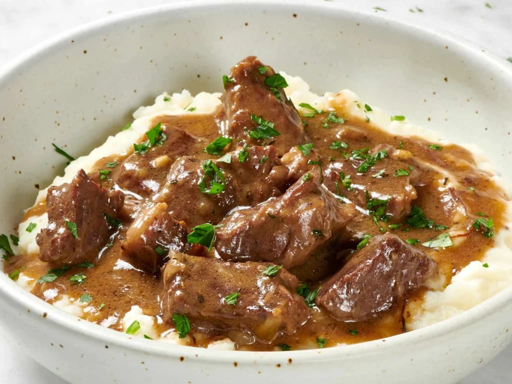 Crockpot beef tips and gravy served over mashed potatoes