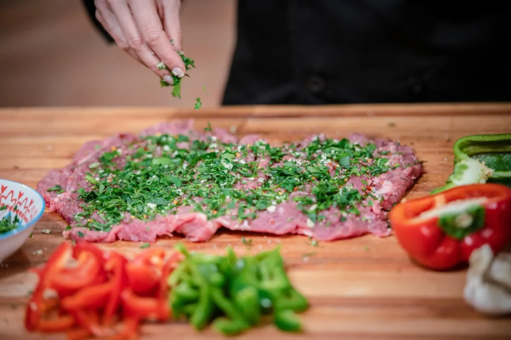 Prepared ingredients on a kitchen counter for beef flank slow cooker recipes